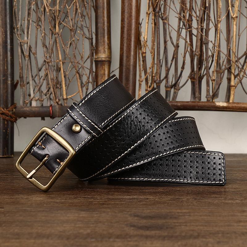 Belt Men's Retro Casual Cool Trendy All-Matching Hollow First Layer Cowhide Pin Buckle Genuine Leather Jeans Belt Men's