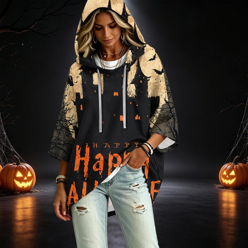 Women's Casual Three-Quarter Sleeve Halloween Print Hooded Pullover Top