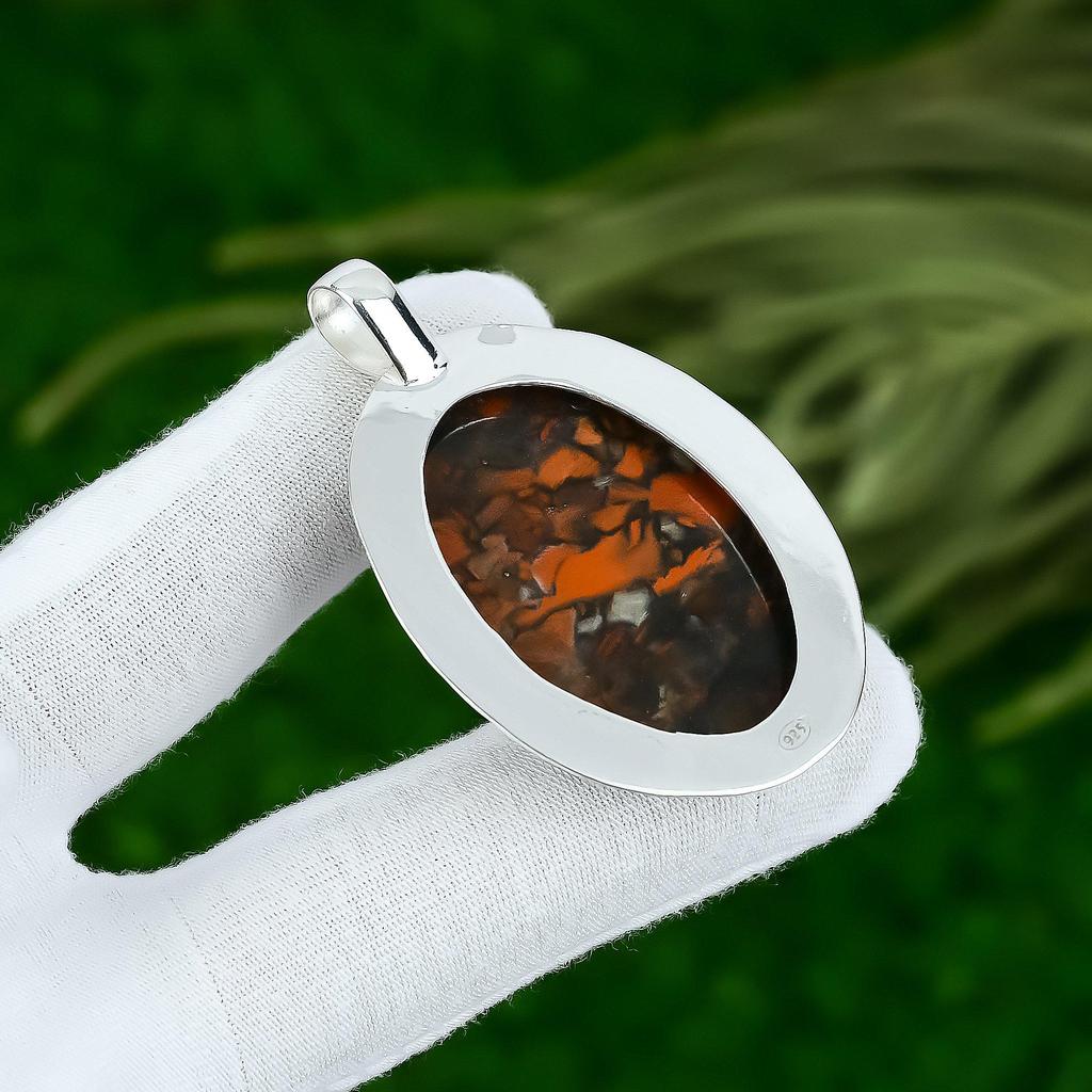 Natural Conglomerate Jasper Gemstone Pendant Red 925 Sterling Silver Jewelry