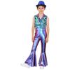 Boys Disco Metallic Glossy Sleeveless Print Patchwork Long Flare Pants Jumpsuit Sequins Fedora Hat