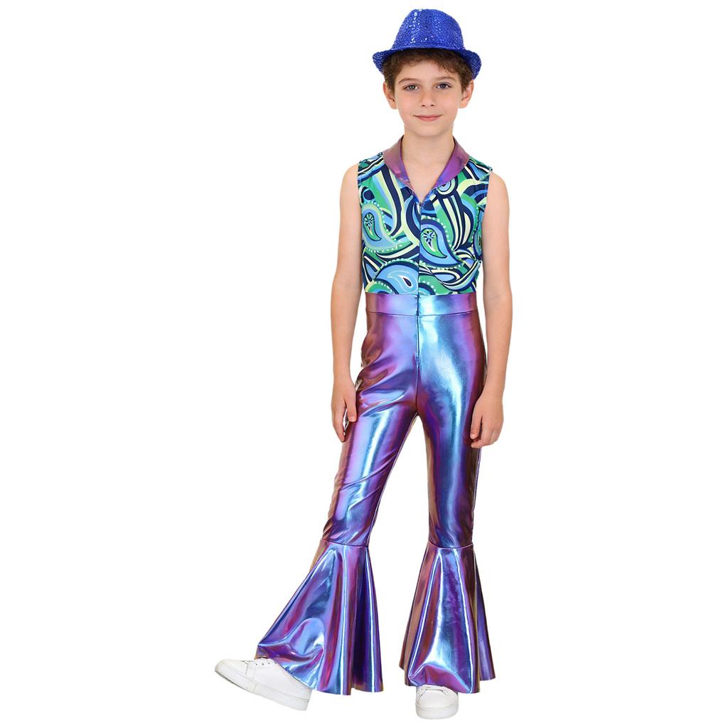 Boys Disco Metallic Glossy Sleeveless Print Patchwork Long Flare Pants Jumpsuit Sequins Fedora Hat