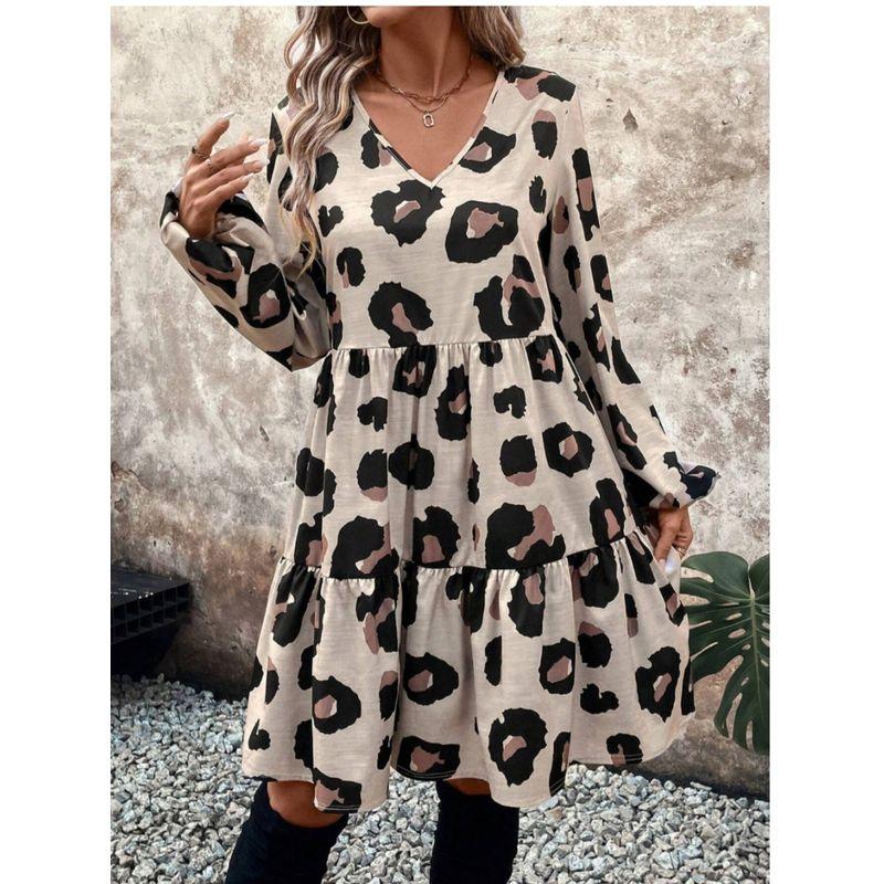 Spring & Fall New Arrival Fashion Wind Cross-Border Fashion V-neck Leopard Print Print Loose Lotus Leaf Long Sleeves Dress Female Dress