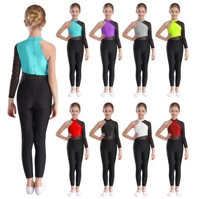 Traje de baile de ballet de manga larga con un hombro al descubierto para niñas, traje de entrenamiento de cuerpo completo, monos de gimnasia, disfraz de patinaje artístico