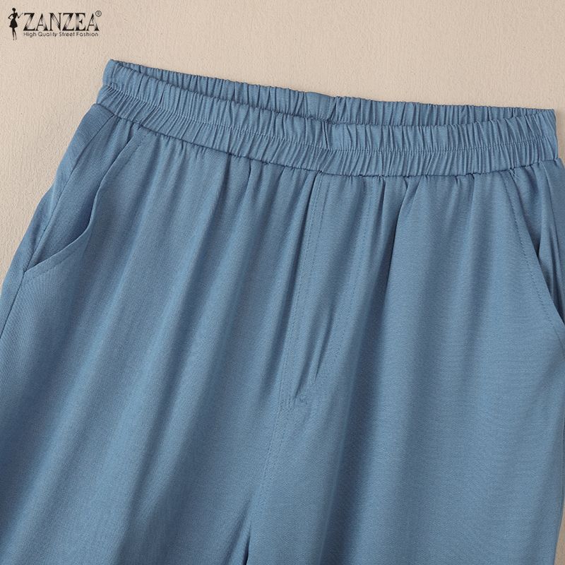 ZANZEA Women Casual Elastic Waist Loose Floral Embroidery Cropped Pants