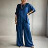 Damen 2-teilige Satin-Outfits Halbarm Asymmetrischer Saum Oberteil Weite Hosen Sets Sommer Lockere Lounge-Sets