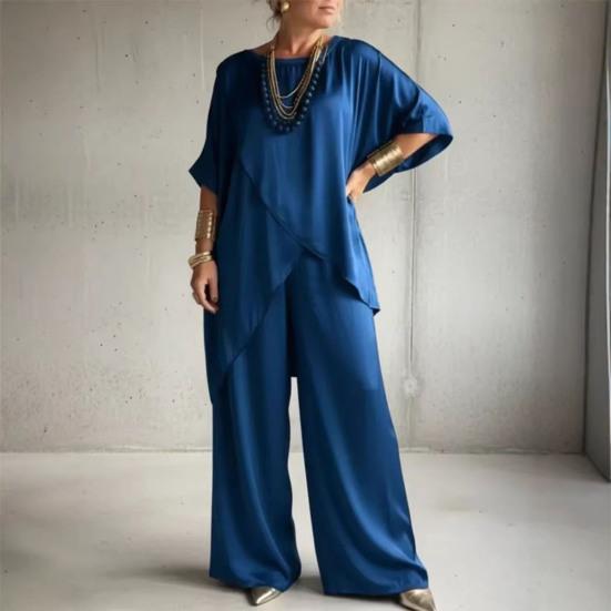 Damen 2-teilige Satin-Outfits Halbarm Asymmetrischer Saum Oberteil Weite Hosen Sets Sommer Lockere Lounge-Sets