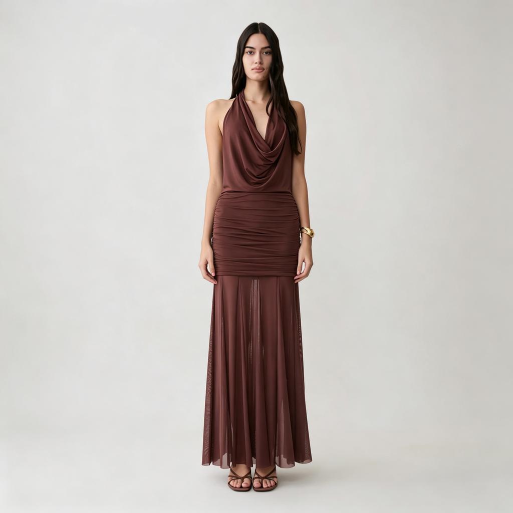 Women's clothing fashion design backless swing neck hip skirt mesh stitching pleated European and American style neck dress