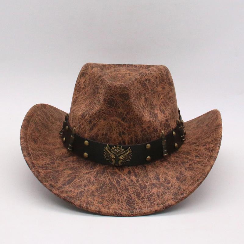 Unisex Pu Leather Western Cowboy Hat Metal Engraved Bull Head Rivet Belt Hat Party Hat