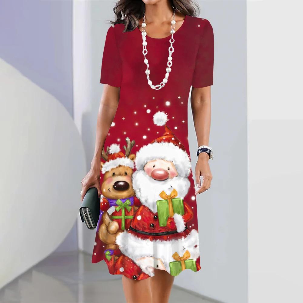 Summer Fashionable Creativity Women Loose Large Round Neck Casual Comfortable Versatile Christmas Series Santa Claus 3D Printed Dresses
