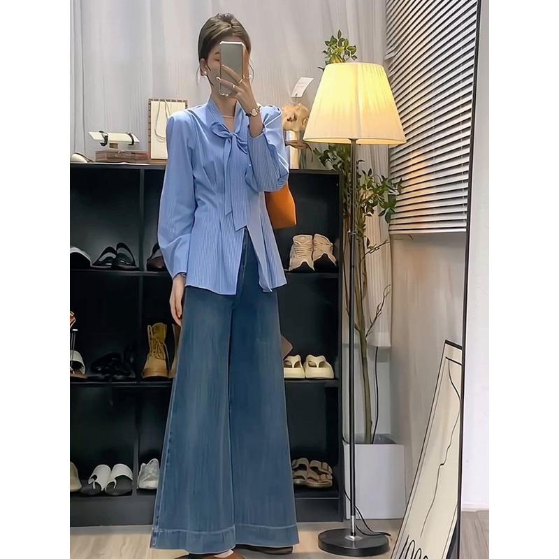 Dámské pruhované modré košile s mašlí, módní halenky s dlouhým rukávem, jarní topy do pasu pro úřednice