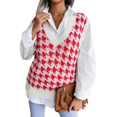 Houndstooth Vest Sweater V Neck Color Block Houndstooth Knitted Sleeveless Sweater for Women Red L