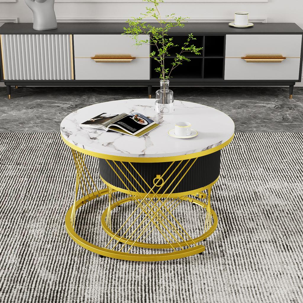 Elegant Assemblable Coffee Table: Marble Look, Gold Decor, Side Table with Drawers – Set of 2