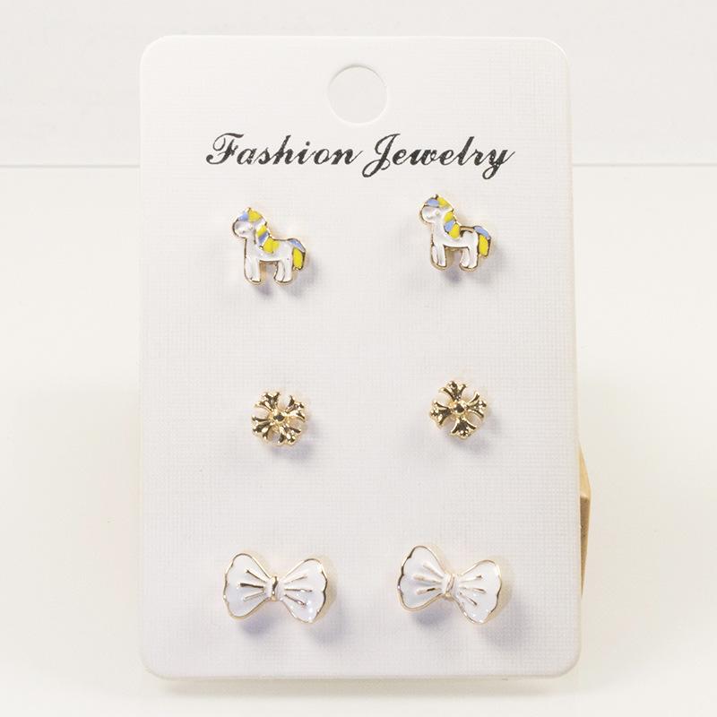 S925 silver needle Korean oil drop bow pony earrings set combination new simple and compact earrings stud earrings women серебряный