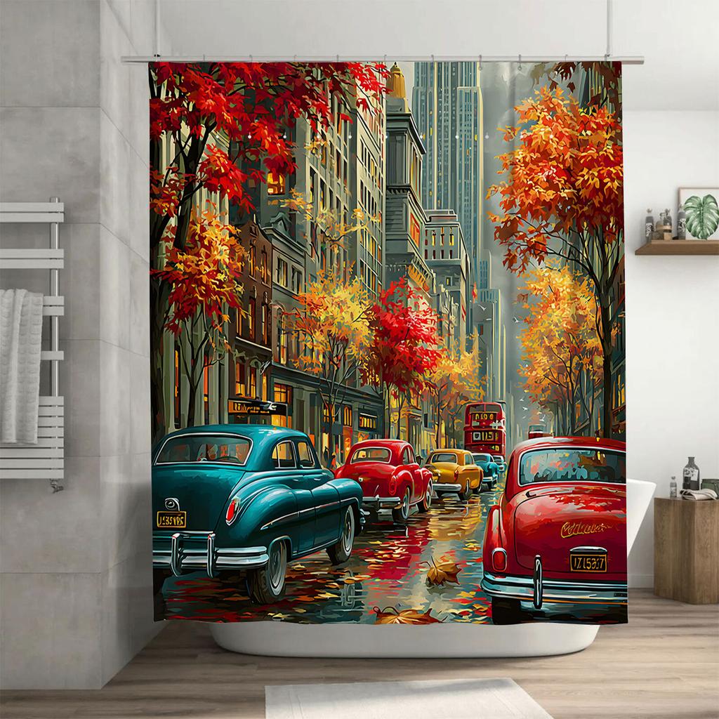 Autumn Cityscape Shower Curtain Vintage Cars Rain Trees Waterproof Fabric For Modern Bathroom Decor Easy To Clean And Maintain
