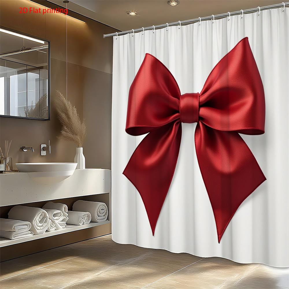 Elegant Red Bow Shower Curtain White Background Polyester Bath Curtain with Hooks for Modern Bathroom Decor
