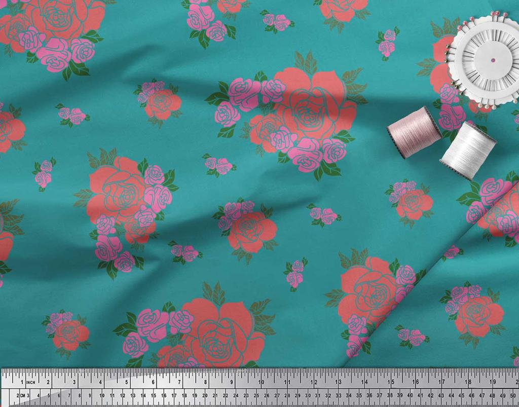 Soimoi Black Japan Crepe Satin Fabric Leaves & Rose Floral Fabric Prints Meter 42 Inch