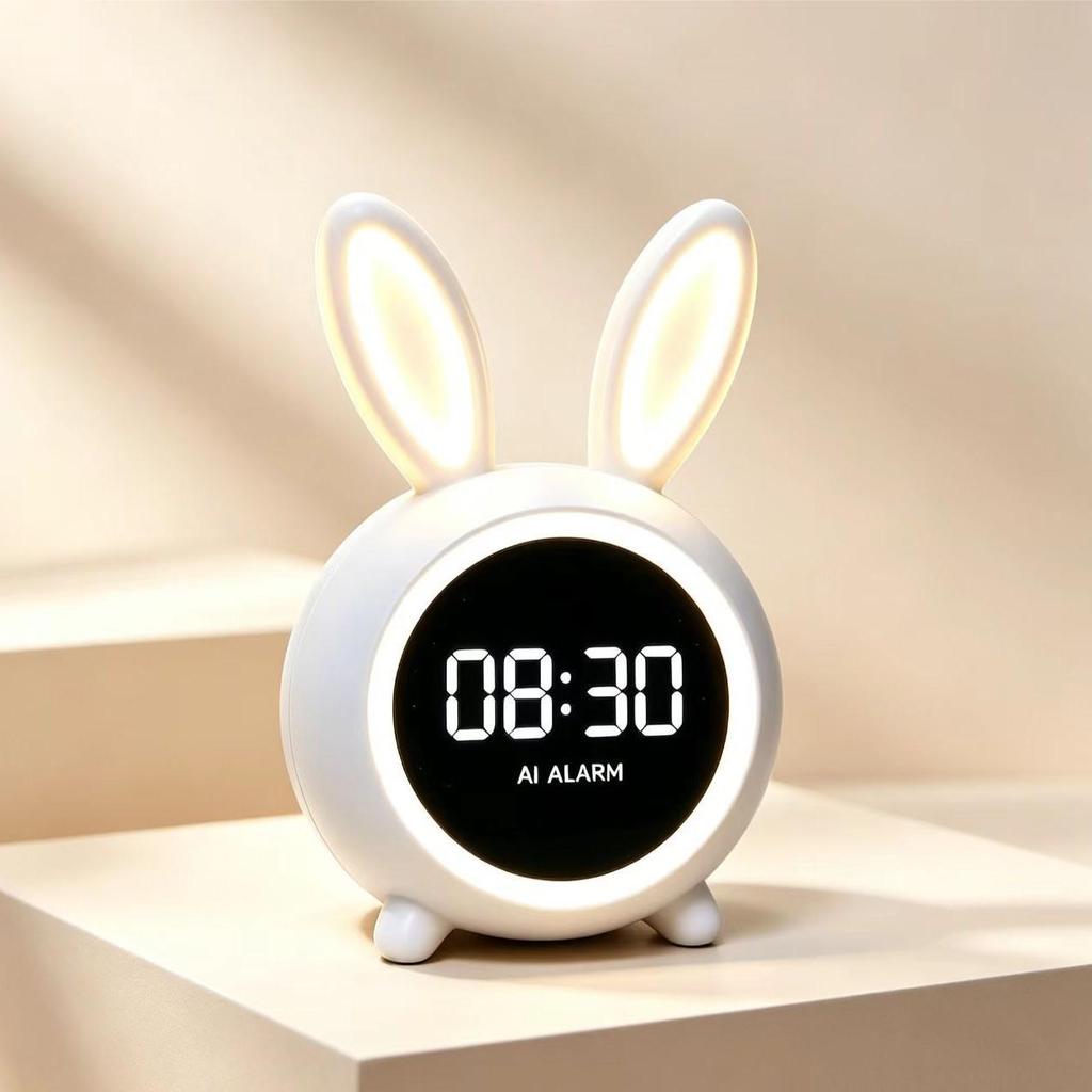 Cute Rabbit Alarm Clock with Night Light & Phone Charger