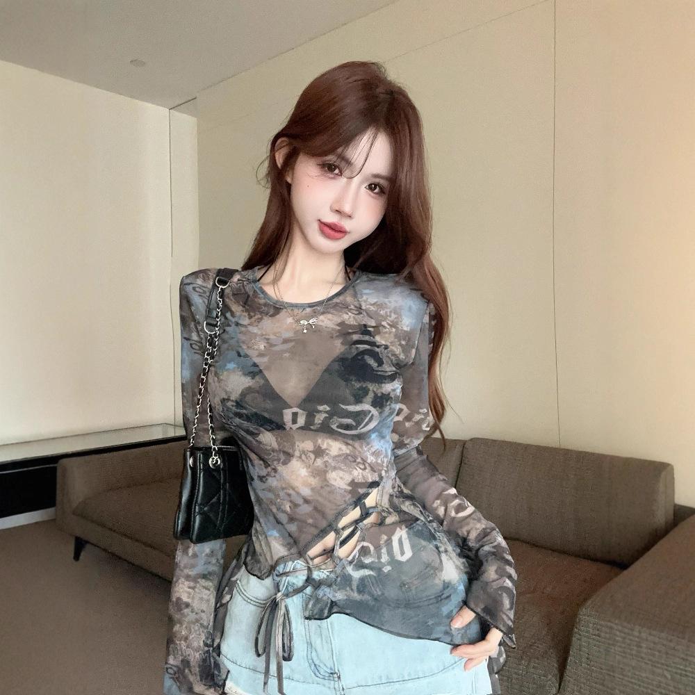 Summer thin retro breathable mesh sunscreen T-shirt women's split straps design sense niche spice girl long-sleeved top