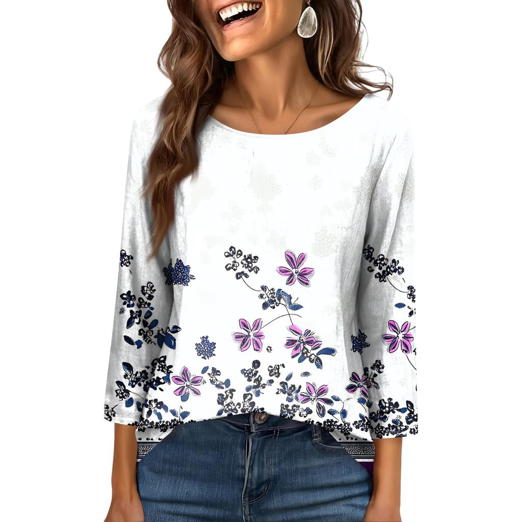 Women's Fashionable Casual Round Neck  3/4 Sleeve  Printed T-Shirt Top