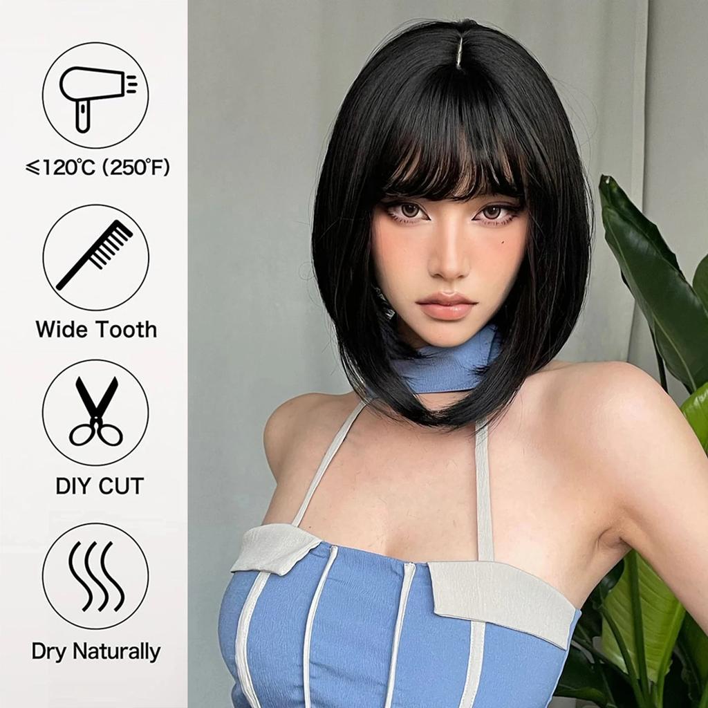 Bob Black Synthetic Wigs Straight Cosplay Short Daily Natural Looking Hair Wig with Bangs Heat Resistant Fiber for Women Afro