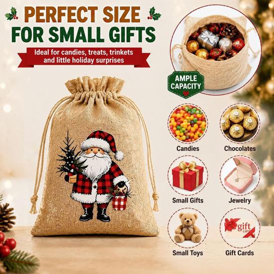 Small Fabric Gift Packaging Christmas Jute Burlap Bags, Drawstring Treat Candy Reusable Pouches Bag, Linen Pouch for Holiday Party Favors Storage