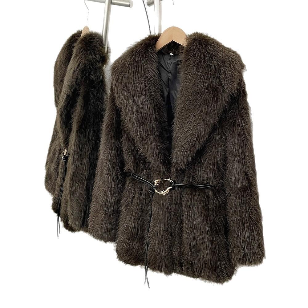 European and American style retro waist free belt new artificial fur medium and long coat fashionable plush lapel coat women