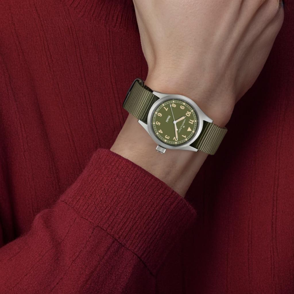 Hamilton Khaki Field Series Quartz Movement 50M Water Resistant Watch 38Mm Green Dial Stainless Steel Case Fabric Strap Unisex Watches H69401960