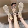 2025 new rhinestone sandals women's high heel winding strap one-word sandals women's Roman shoes light luxury sandals