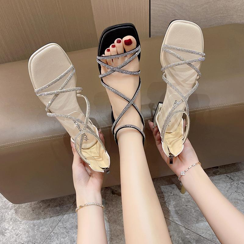 2025 new rhinestone sandals women's high heel winding strap one-word sandals women's Roman shoes light luxury sandals
