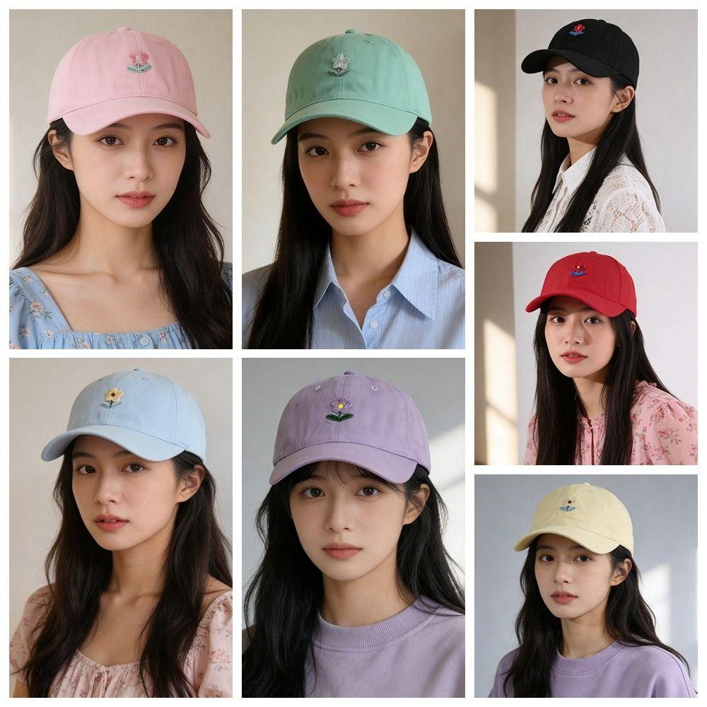 Solid Color Flower Baseball Cap Korean Style Sunshade Casquette Embroidered Peaked Hat  Women