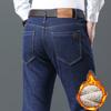 Winter Men's Fleece Warm Jeans Style Business Casual Thicken Fit Denim Pants Black Blue Trousers