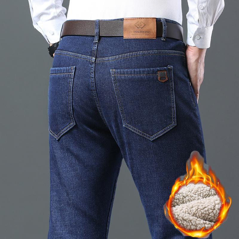 Winter Men's Fleece Warm Jeans Style Business Casual Thicken Fit Denim Pants Black Blue Trousers
