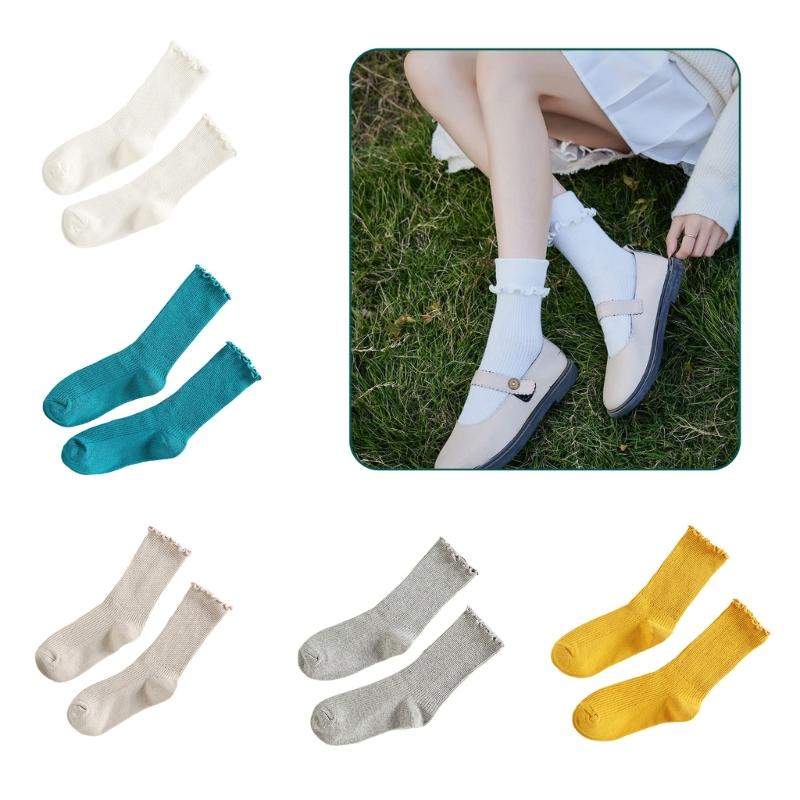 Ruffle Ankle Socks for Women Cotton Soft Solid Color Ribbed Knitted Lettuces Edge Low Cut Middle Tube Frilly Crew Socks