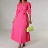 Women's V Neck Puff Sleeve Pleated Maxi Dress with Waist Tie