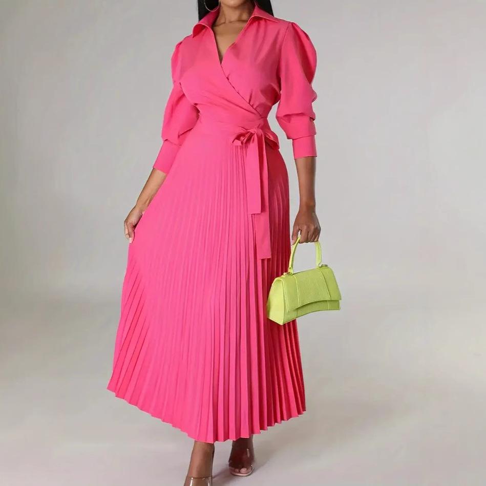 Women's V Neck Puff Sleeve Pleated Maxi Dress with Waist Tie