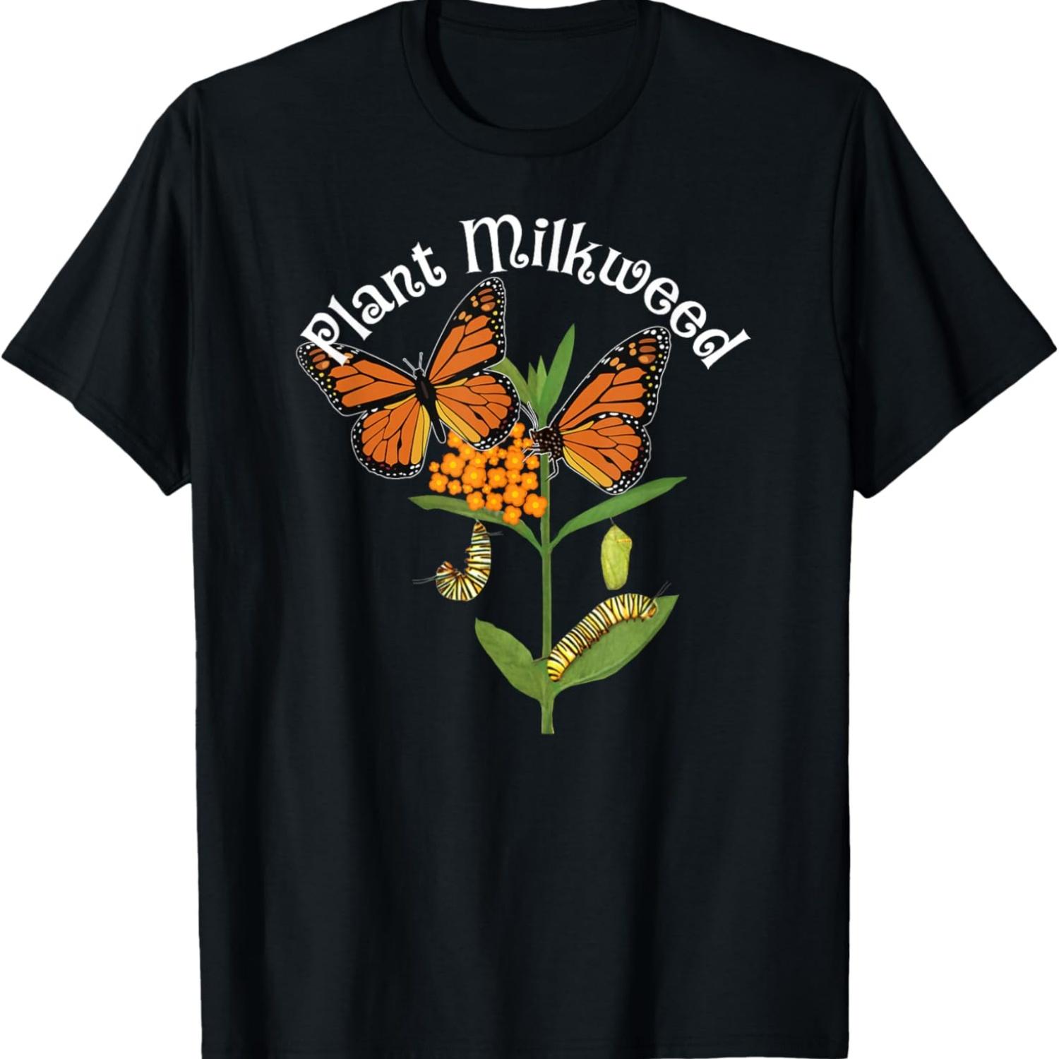 Plant Milkweed T-Shirt Monarch Butterfly Tee Caterpillar Tee T-Shirt S чёрный