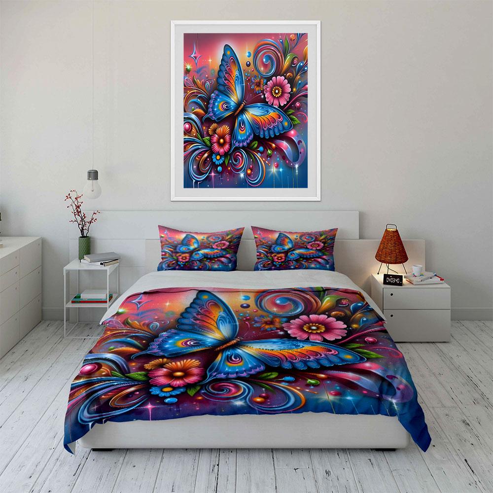 Colorful Butterfly Floral Design Bedding Duvet Cover Set (1*Duvet Cover 2*Pillowcases, Without Duvet Insert)