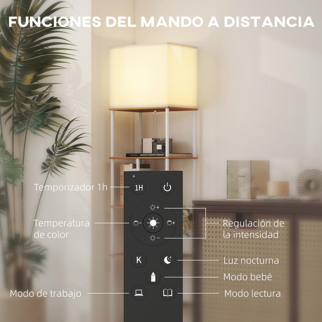 Floor Lamp with Shelves, 3000K-6500K, Remote Control, E27 Bulb, Natural
