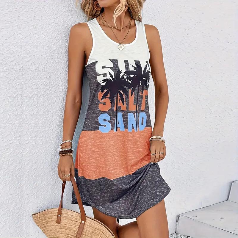 Damen Urlaubs Palmen Print Ärmellos Rundhalskleid Locker Weich und Bequem Übergröße Kleid