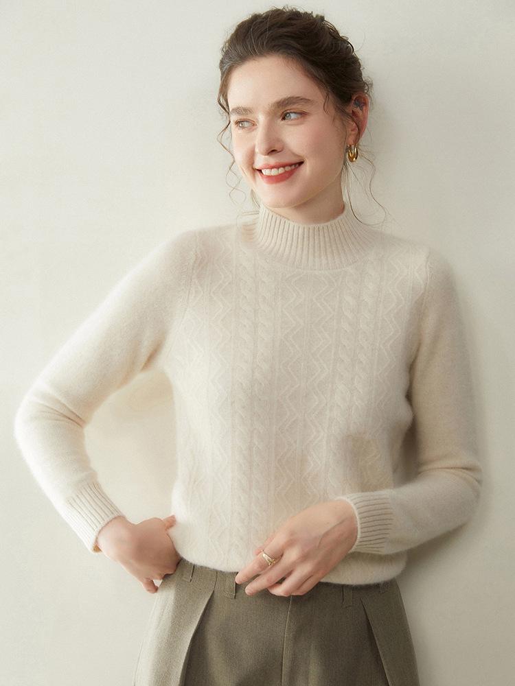Women's Cashmere Half-High Neck Sweater, Autumn/Winter 2025, Seven-Needle Cable Knit, Loose Fit, Versatile Pullover.
