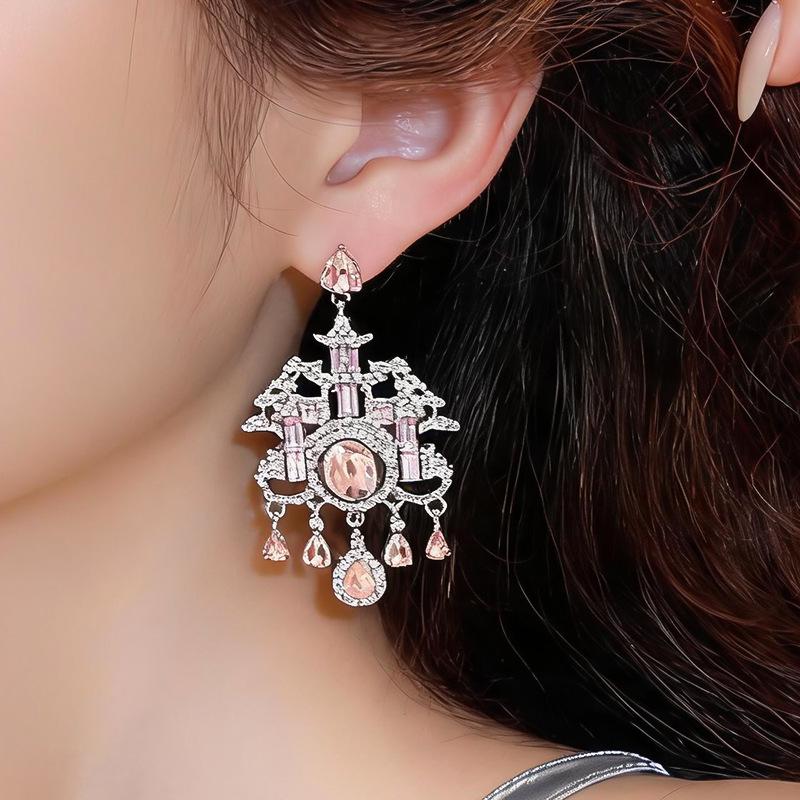 Silver Needle Luxury Pavilion Tower Water Drop Earrings – Exquisite High-End Court Style Studs for Women