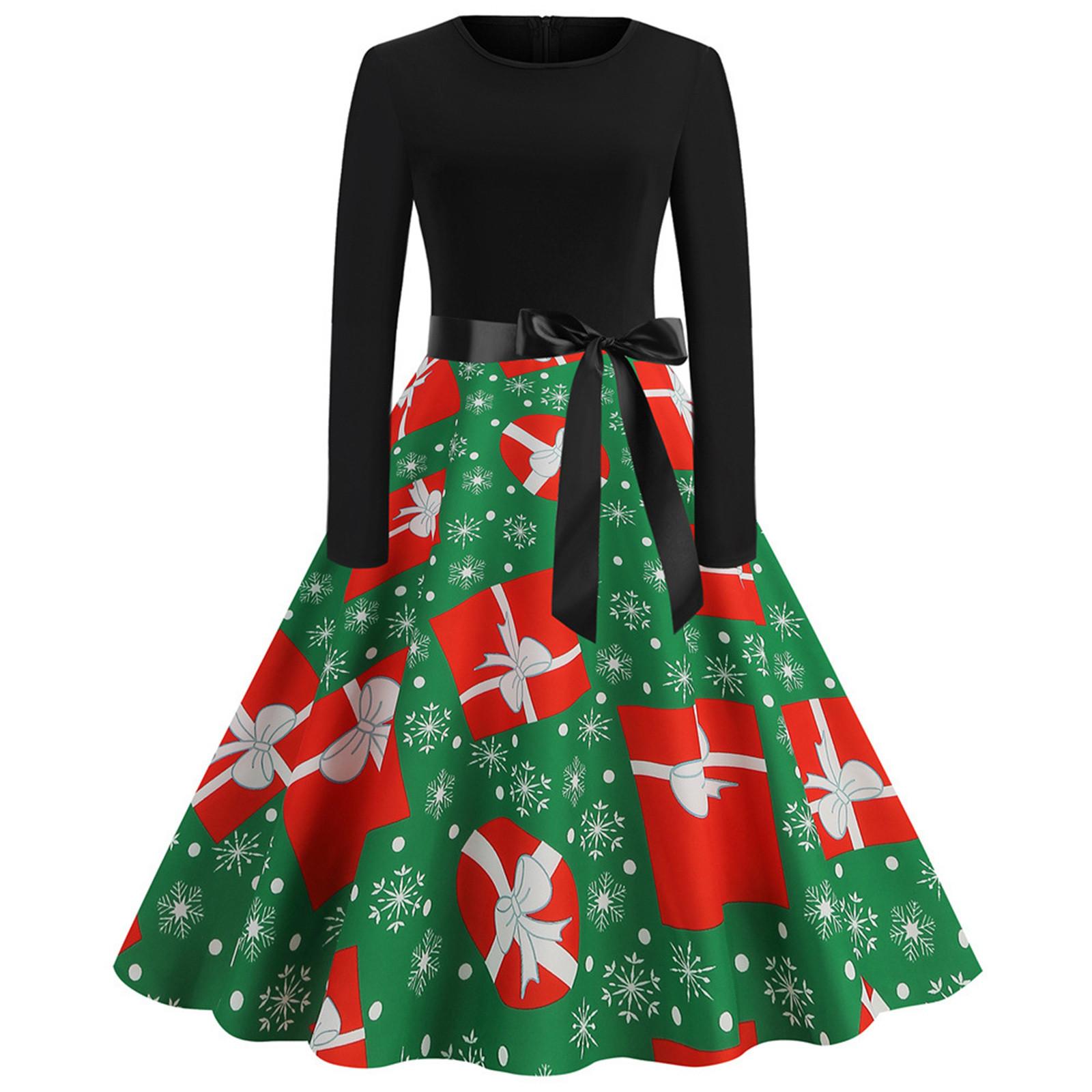 Women s Fashion Christmas Casual Slim Print Hem Long Sleeve Dress XXXL зелёный