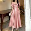 Women Casual Square Collar Elegant Summer Short Sleeve Satin Dress