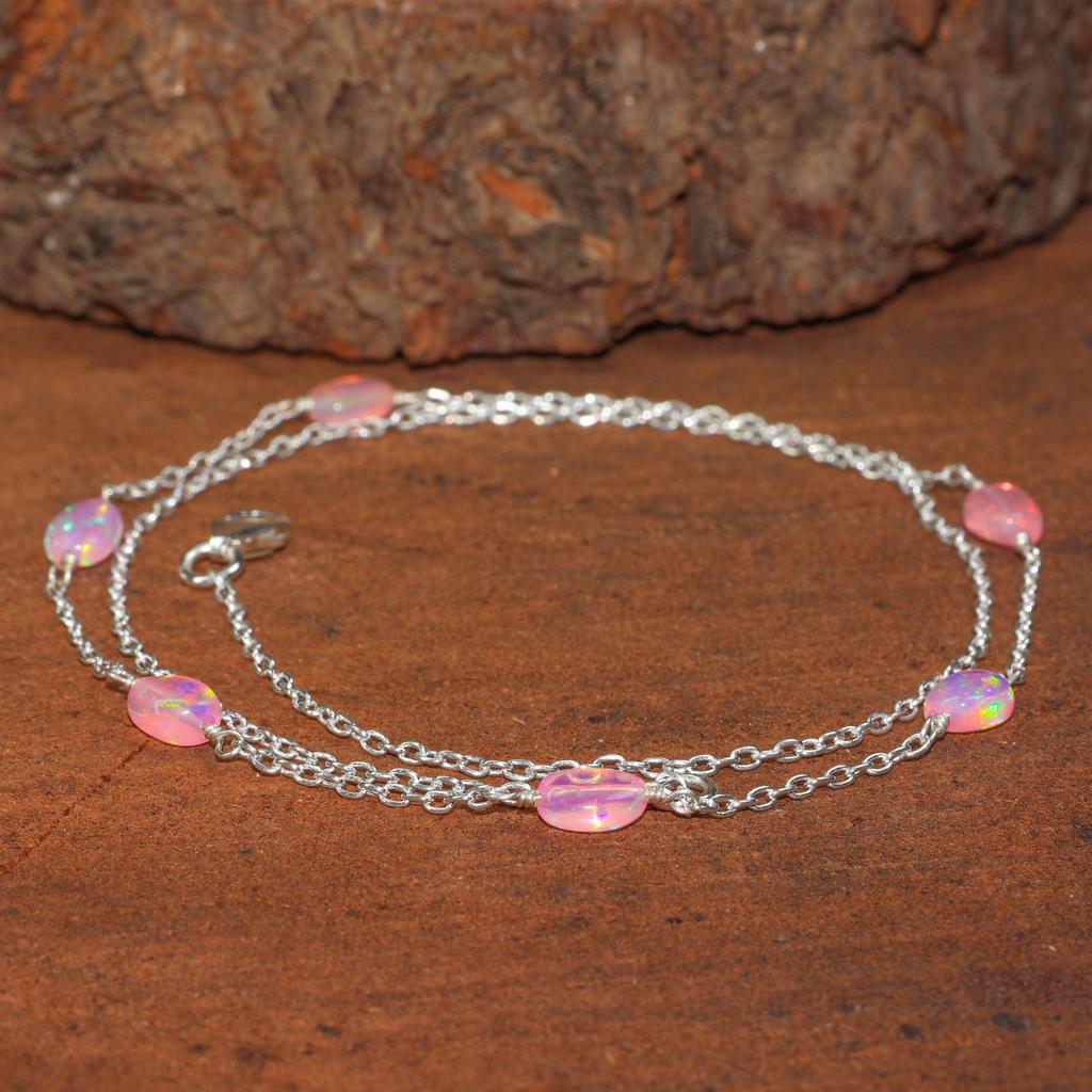 Pink Fire Opal Tumble Beads Chain Necklace, Fire Opal Gemstone Chain Necklace, Opal Handmade Jewelry for Women, Birthstone Gift for Mom