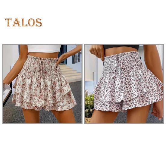 Été femmes Shorts multi-couches imprimé fleuri froncé à volants Patchwork taille haute élastique large ceinture cordon a-ligne fausse jupe dame Mini