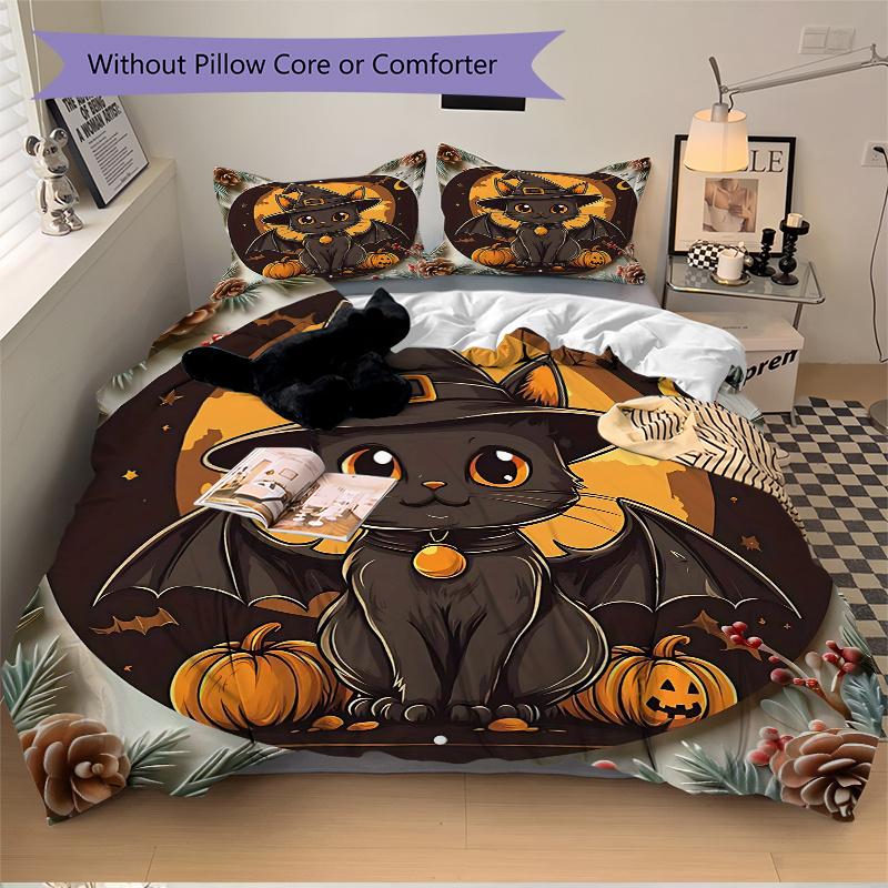 Zestaw pościeli z nadrukiem 3 szt. Straszny Czarny Kot w Kapeluszu Czarownicy ze Skrzydłami Nietoperza, Miękka i Wygodna Poszewka na Kołdrę do Sypialni, Pokoju Gościnnego (1 poszewka na kołdrę