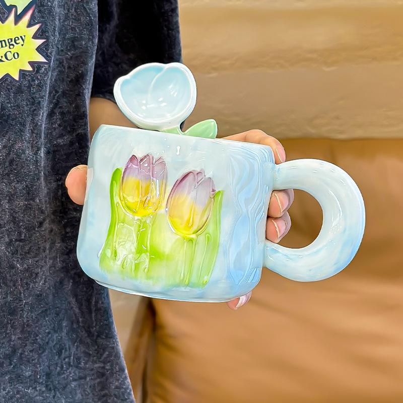 Tulip Cup for Girls with High-value Ceramic Mug with Lid Spoon Large Capacity Coffee Cup Souvenir