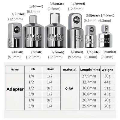 4pc-6pcs Clé à Cliquet Adaptateur de Douille Réducteur Tête 1/2 "Vers 3/8" Entraînement Vers 1/4 "Acier Inoxydable Vers 1/4" Vers 1/2 "Vers 3/8"