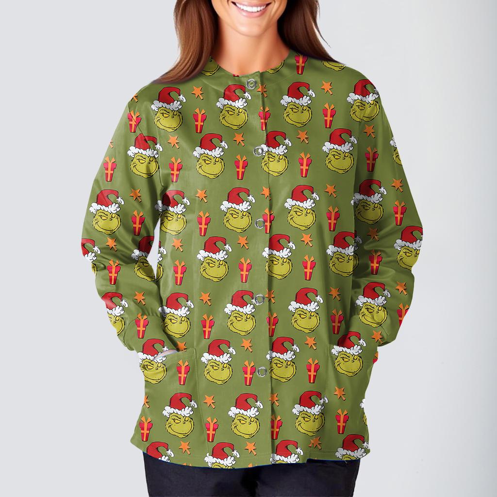 Women's Casual Fashion Long Sleeve Standing Collar Single Breasted Christmas Print Workwear Jacket Tops