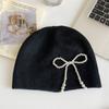 Casual Pearl Bow Beanies Cap Solid Color Korean Wool Hat Stacking Knitted Bonnet Cap  Girls